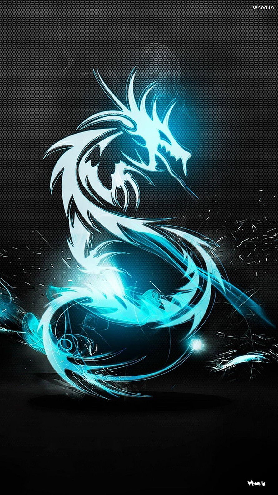 Glowing Cyan Dragon S-Shaped Digital Art on Dark Hexagonal Background HD phone wallpaper