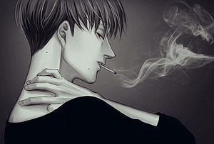 Anime Boy Smoking Cigarette With Red Eyes And Black Shirt HD wallpaper