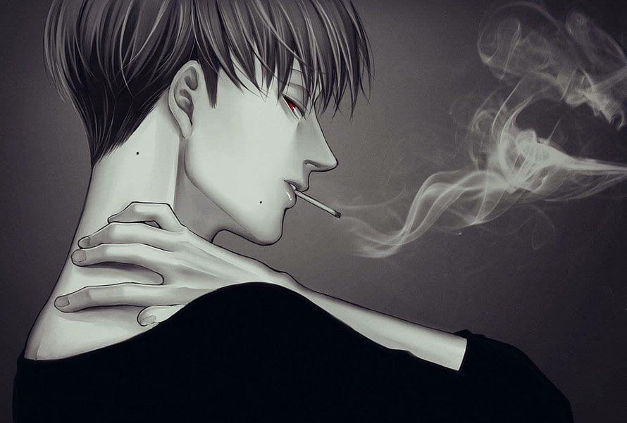 Anime Boy Smoking Cigarette With Red Eyes And Black Shirt HD wallpaper