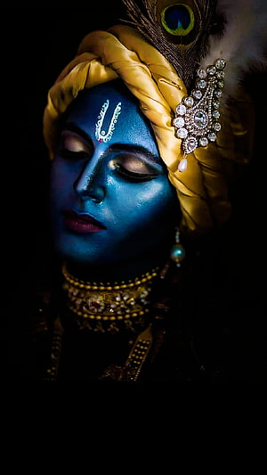 Blue Skinned Hindu God Krishna Portrait With Peacock Feather And Yellow Turban HD phone wallpaper