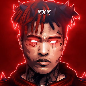 XXXTentacion Digital Art Portrait with Glowing Red Eyes and Neon Outline HD phone wallpaper