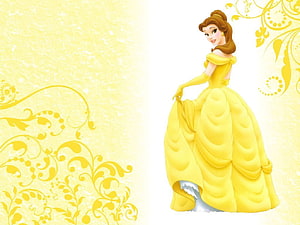 Disney Princess Belle in Iconic Yellow Ballgown with Floral Ornament Background HD wallpaper