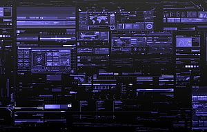 Futuristic Cyberpunk HUD Interface with Purple Data Panels and Global Map Display HD wallpaper