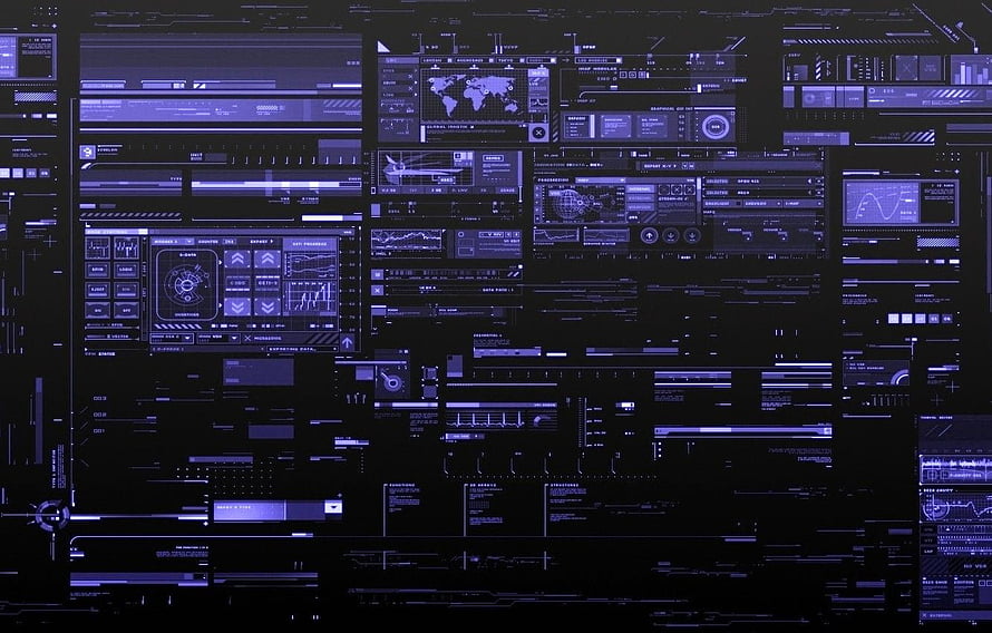 Futuristic Cyberpunk HUD Interface with Purple Data Panels and Global Map Display HD wallpaper