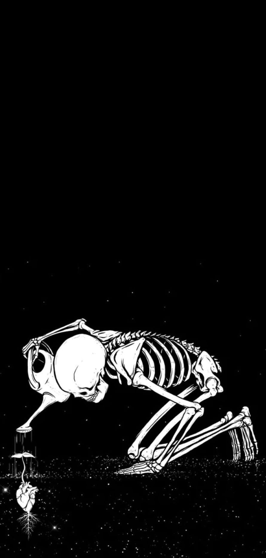 Skeleton Watering A Heart Plant In Space HD phone wallpaper