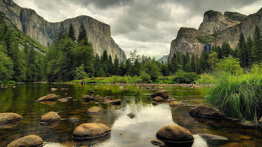 Yosemite Valley River Landscape with Granite Cliffs and Pine Forest HD wallpaper