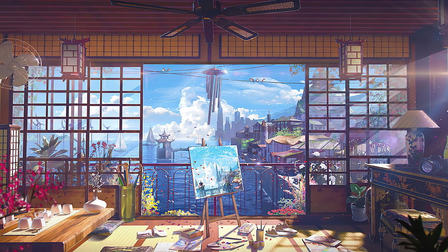 Cozy Japanese Art Studio Interior With Ocean View And Easel HD wallpaper