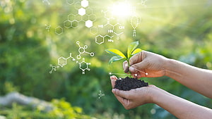 Hands Holding Seedling with Molecular Structures and DNA Helix Over Green Nature Background HD wallpaper