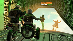 Battlegrounds Mobile India characters on motorcycle and ramp with green lighting HD wallpaper
