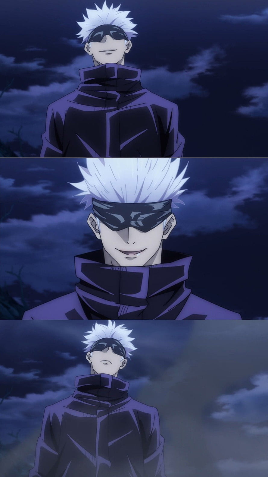 Gojo Satoru from Jujutsu Kaisen in Dark Purple Attire Under Stormy Night Sky HD phone wallpaper