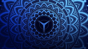 Intricate Blue Mandala Pattern with Central Geometric Emblem and Symmetrical Ornamental Design HD wallpaper