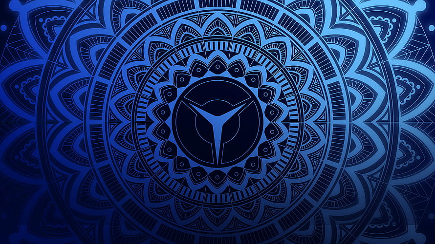 Intricate Blue Mandala Pattern with Central Geometric Emblem and Symmetrical Ornamental Design HD wallpaper