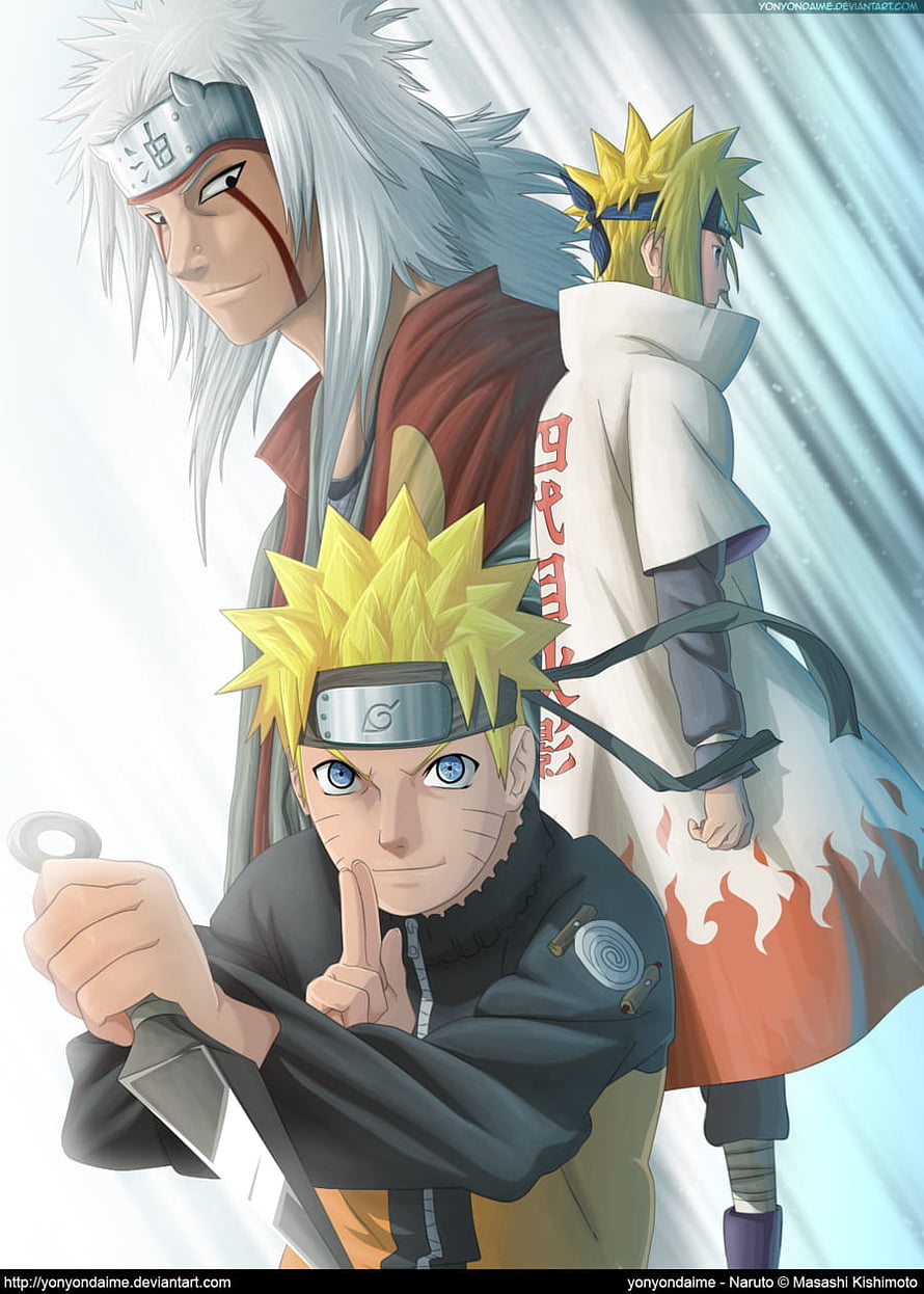 Naruto Uzumaki, Minato Namikaze, and Jiraiya Anime Artwork HD phone wallpaper