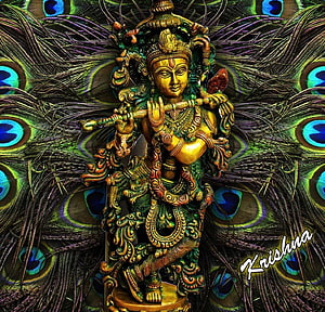 Lord Krishna Playing Flute Against Vibrant Peacock Feather Background HD wallpaper