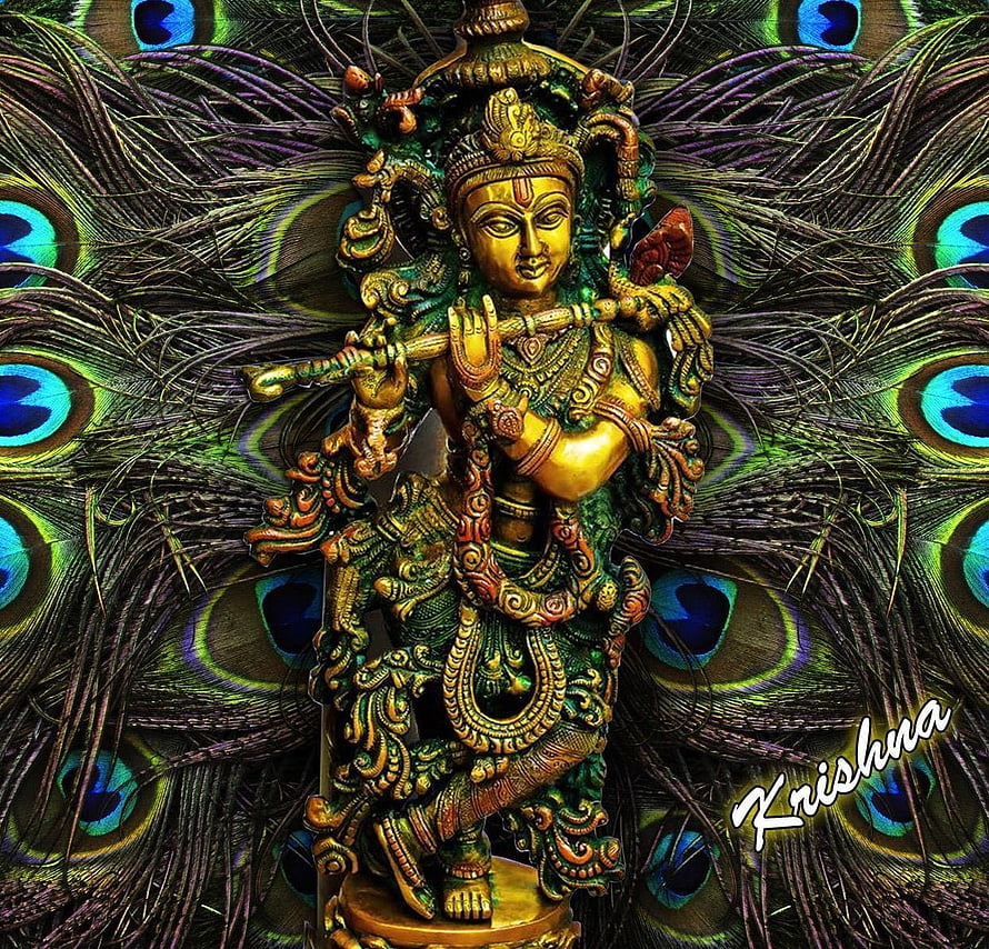 Lord Krishna Playing Flute Against Vibrant Peacock Feather Background HD wallpaper