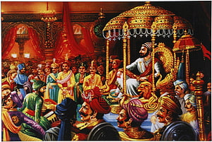 Akbar The Great Sitting On A Golden Throne In His Royal Court Surrounded By Nobles HD wallpaper