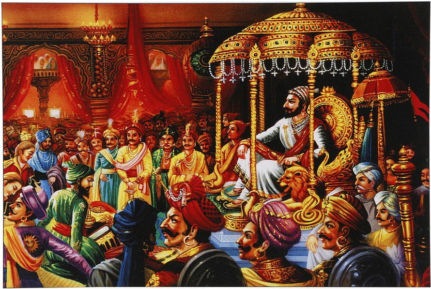 Akbar The Great Sitting On A Golden Throne In His Royal Court Surrounded By Nobles HD wallpaper