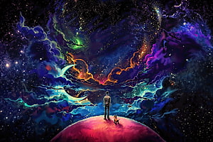Man and Dog Standing on a Glowing Planet Under a Vibrant Cosmic Nebula, Man And Dog In Space, 2160x1440 HD wallpaper