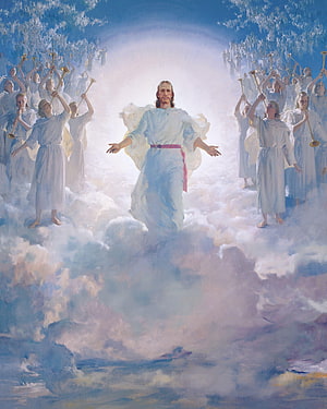 Jesus Christ Second Coming with Heavenly Host and Angelic Choir in Clouds HD phone wallpaper