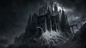 Gothic Castle on Snowy Mountain Peak in Dark Fantasy Winter Landscape HD wallpaper