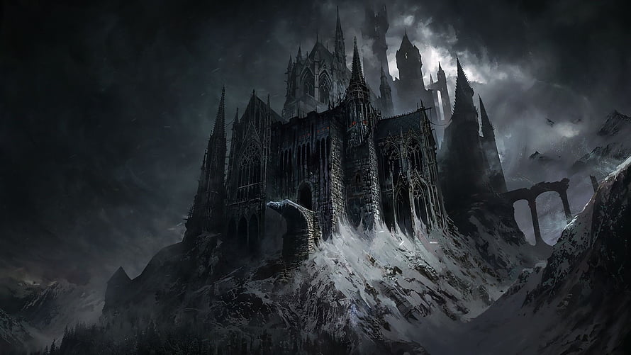Gothic Castle on Snowy Mountain Peak in Dark Fantasy Winter Landscape HD wallpaper