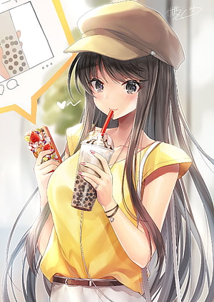 Anime Girl in Yellow Top and Beige Cap Sipping Bubble Tea While Holding Phone HD phone wallpaper