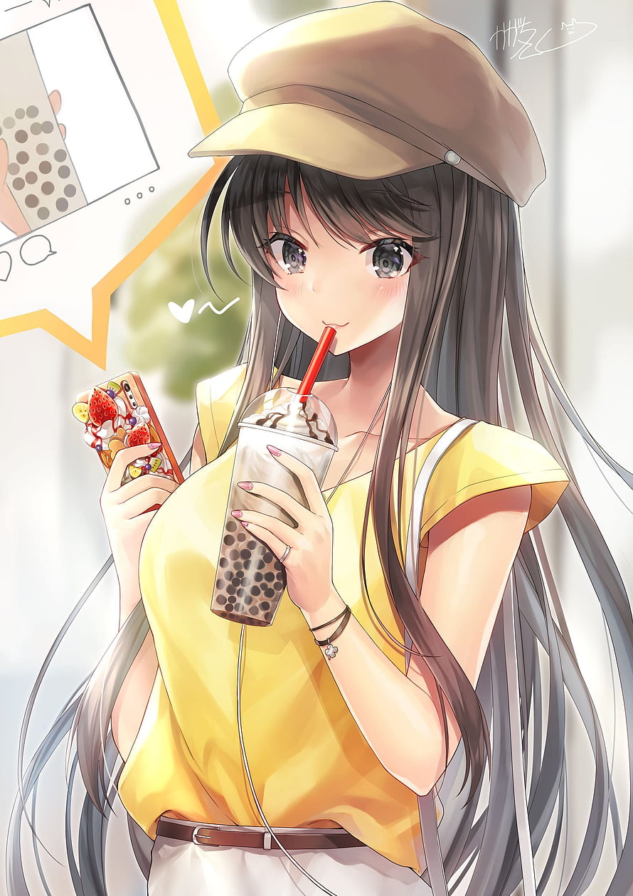 Anime Girl in Yellow Top and Beige Cap Sipping Bubble Tea While Holding Phone HD phone wallpaper