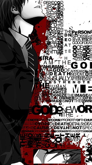 Death Note Kira Anime Character Portrait with Red Ink Splatter and Typography Design HD phone wallpaper