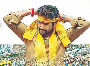 Jr NTR in TDP Campaign Attire with Yellow Scarf and Headband HD wallpaper