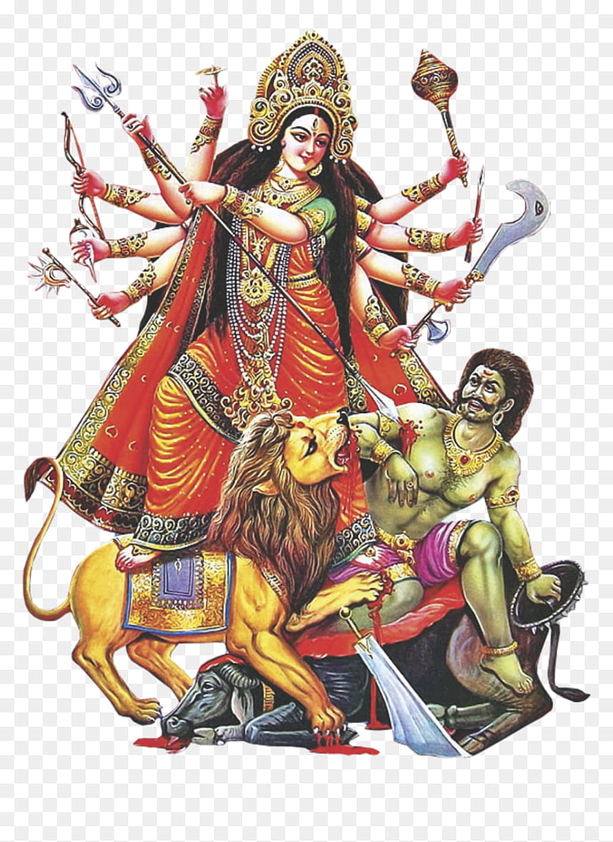 Goddess Durga Slaying Demon Mahishasura on Lion Traditional Indian Mythology Art HD phone wallpaper