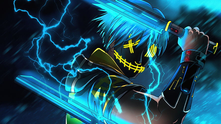 Anime Villain Wielding Dual Glowing Swords Amidst Blue Lightning Storm HD wallpaper