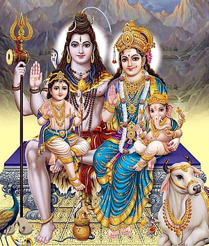 Shiva and Parvati with Ganesha and Kartikeya in a Traditional Indian Mythological Painting HD phone wallpaper
