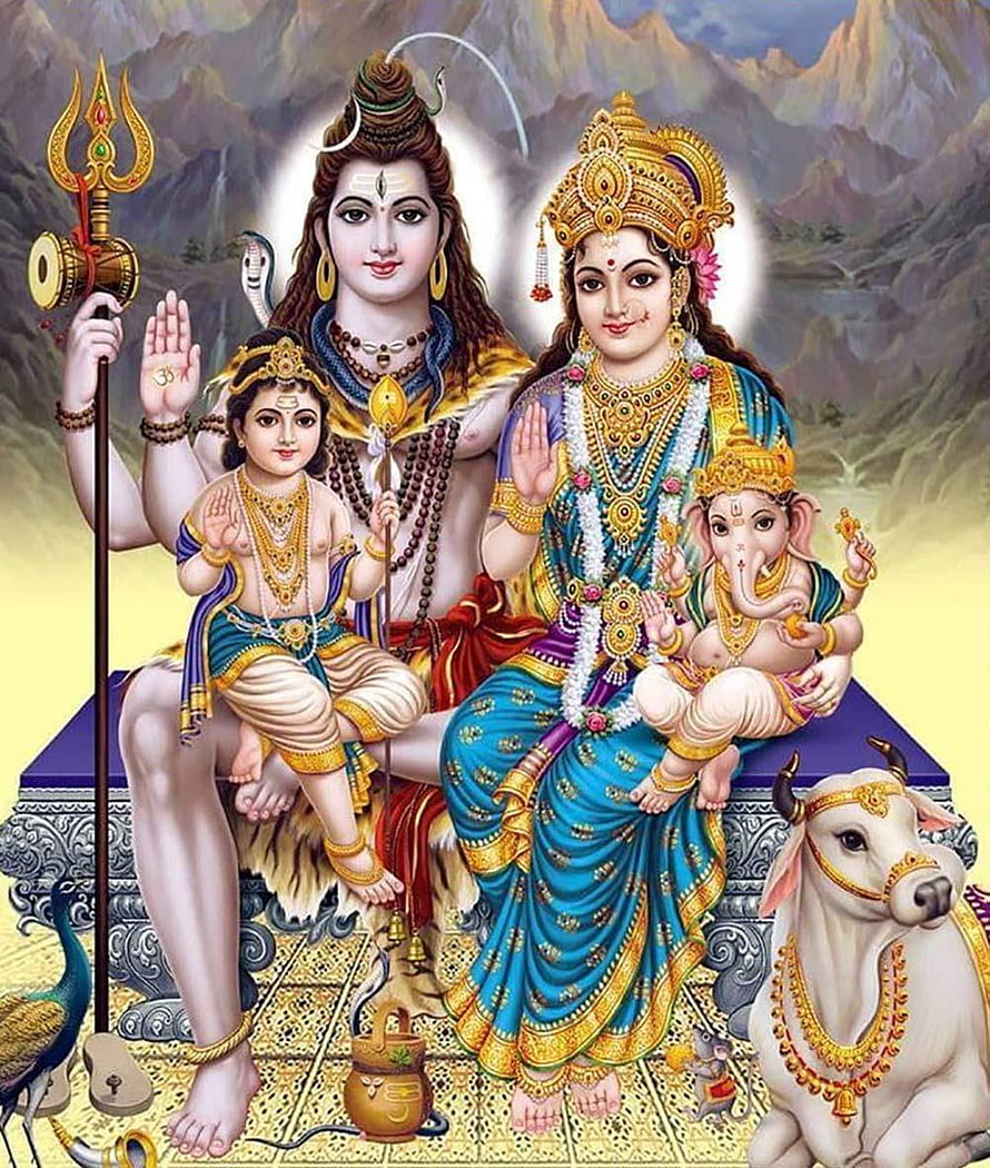 Shiva and Parvati with Ganesha and Kartikeya in a Traditional Indian Mythological Painting HD phone wallpaper