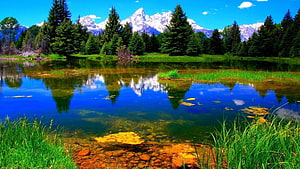 Serene Mountain Lake Reflection with Snow-Capped Peaks and Pine Forest HD wallpaper