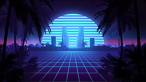 Neon Synthwave Sunset Over Retro City Grid With Palm Trees HD wallpaper