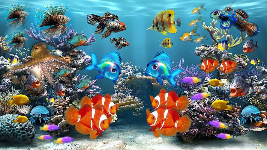 Vibrant Underwater Coral Reef Scene With Clownfish, Blue Tangs, and Octopus HD wallpaper