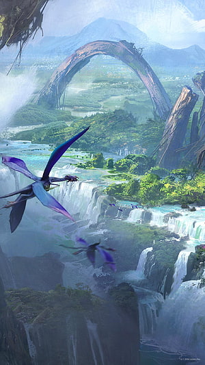 Jurassic World Fallen Kingdom Concept Art Featuring Pterosaurs Flying Over Waterfalls HD phone wallpaper