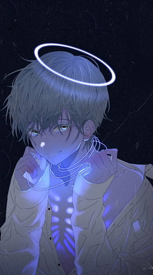 Anime Boy With Glowing Halo And Neon Headphones Wallpaper HD phone wallpaper