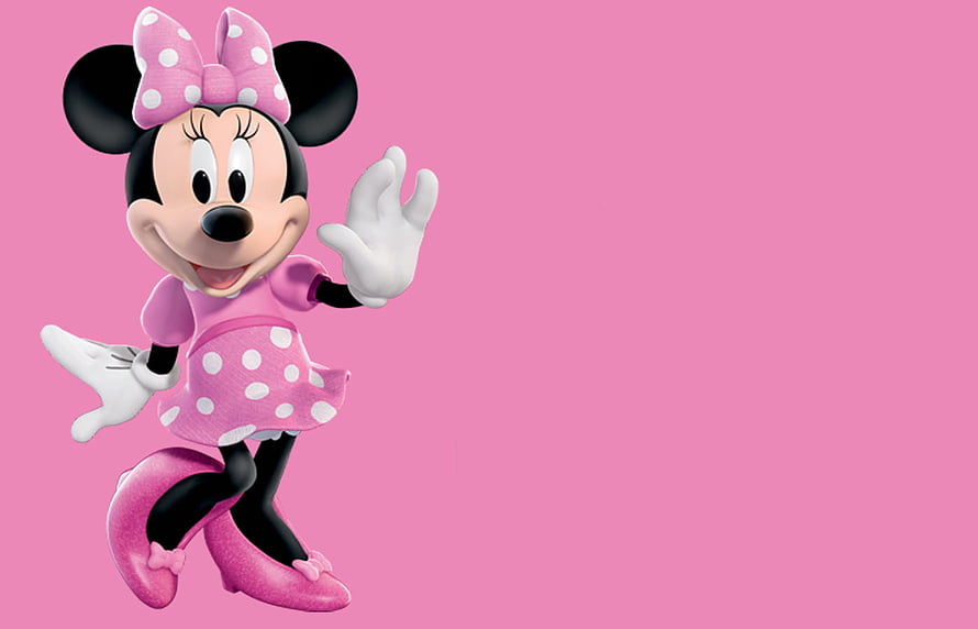 Minnie Mouse Waving in Pink Polka Dot Dress on Solid Pink Background HD wallpaper