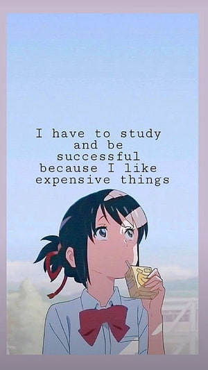 Anime Girl in School Uniform Drinking Juice with Motivational Study Quote HD phone wallpaper
