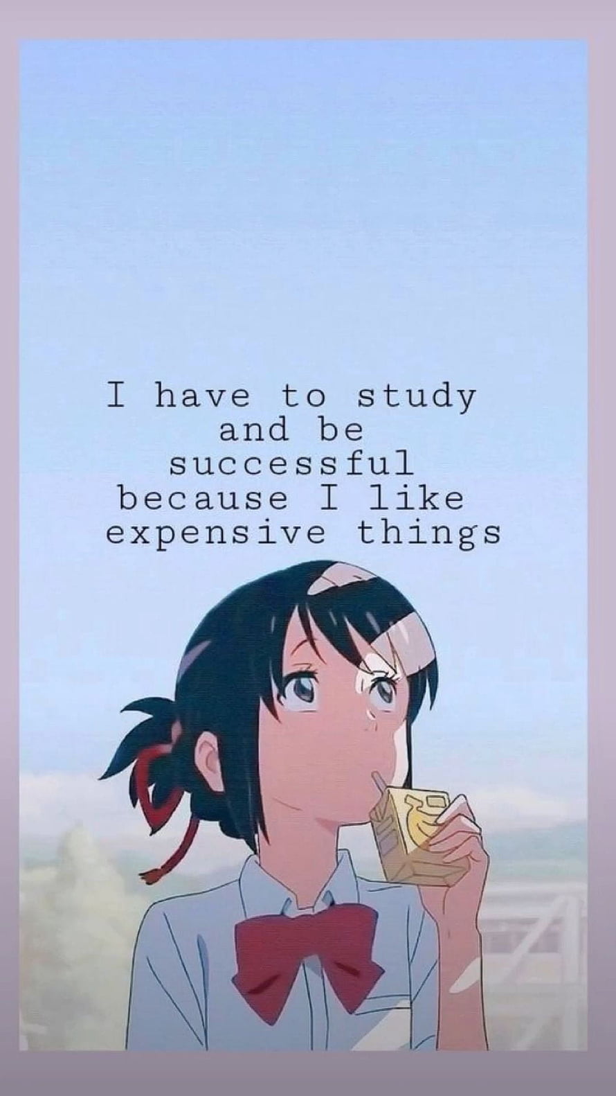 Anime Girl in School Uniform Drinking Juice with Motivational Study Quote HD phone wallpaper
