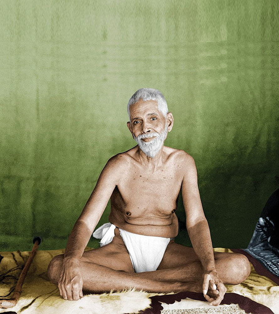 Ramana Maharshi seated in meditation against a green wall wearing a white dhoti HD phone wallpaper