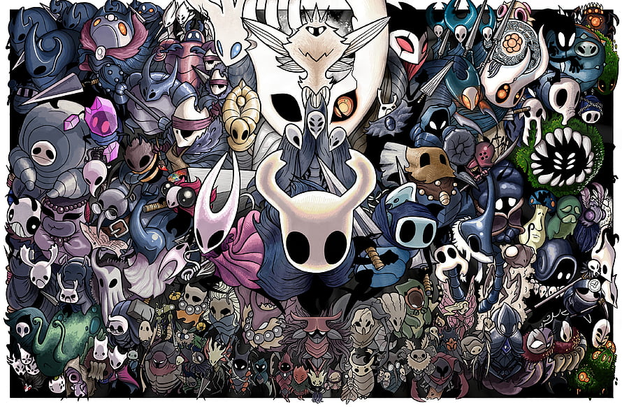 Hollow Knight Character Collection Featuring Hornet, The Radiance, and Knight HD wallpaper