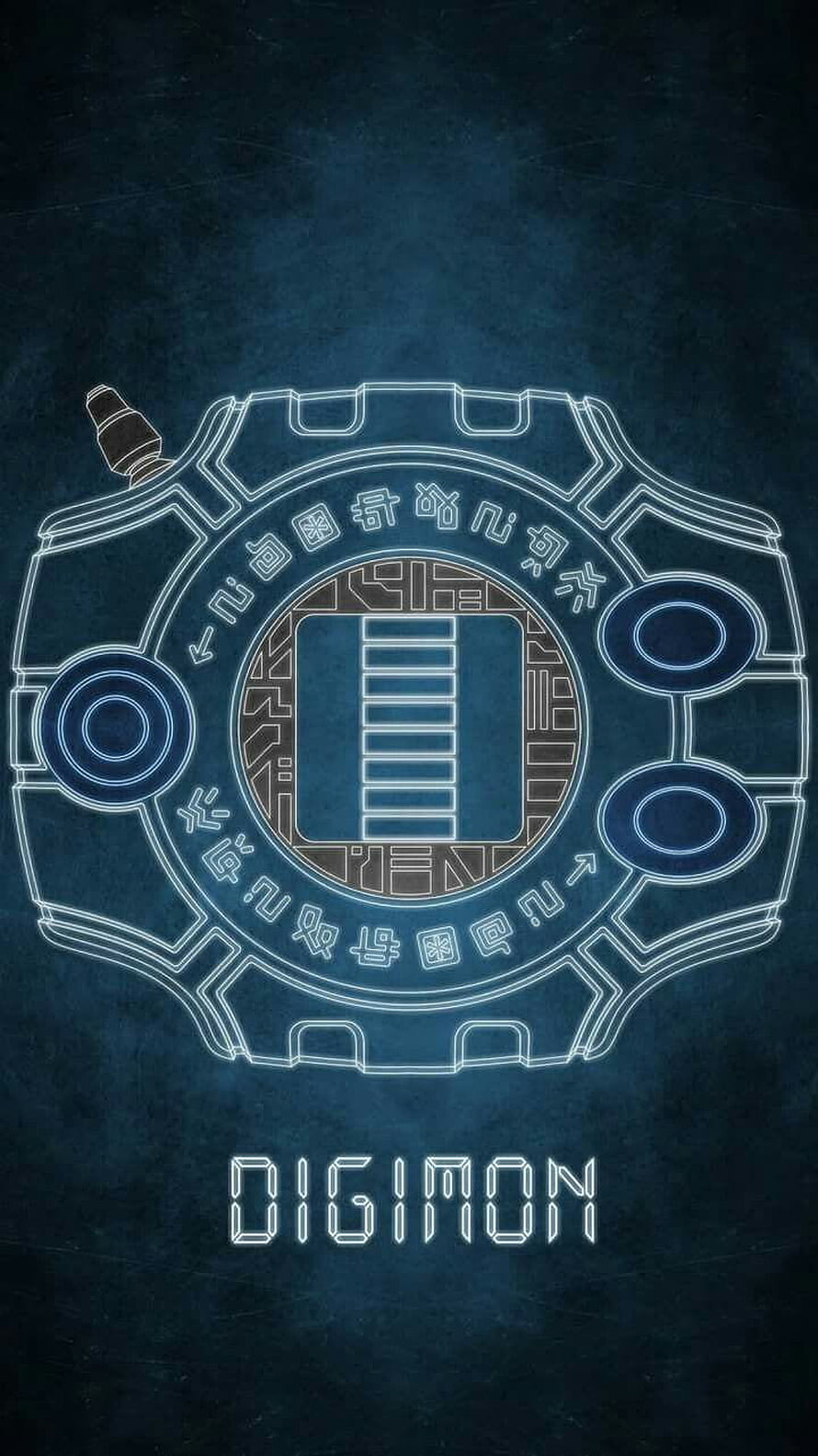 Glowing Digivice Device Blueprint with Digimon Logo on Dark Background HD phone wallpaper