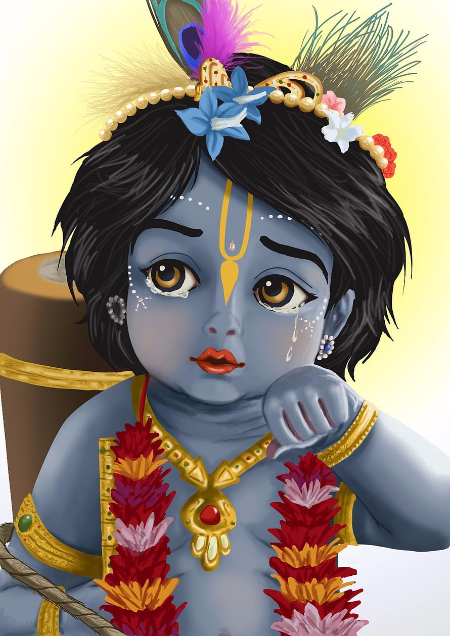 Cute Baby Krishna Digital Art Wallpaper with Peacock Feather Crown and Floral Garlands HD phone wallpaper