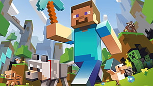 Minecraft Steve and Animals in Blocky Landscape with Diamond Pickaxe HD wallpaper