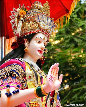 Statue of Goddess Durga with Om Symbol on Hand and Golden Crown HD phone wallpaper