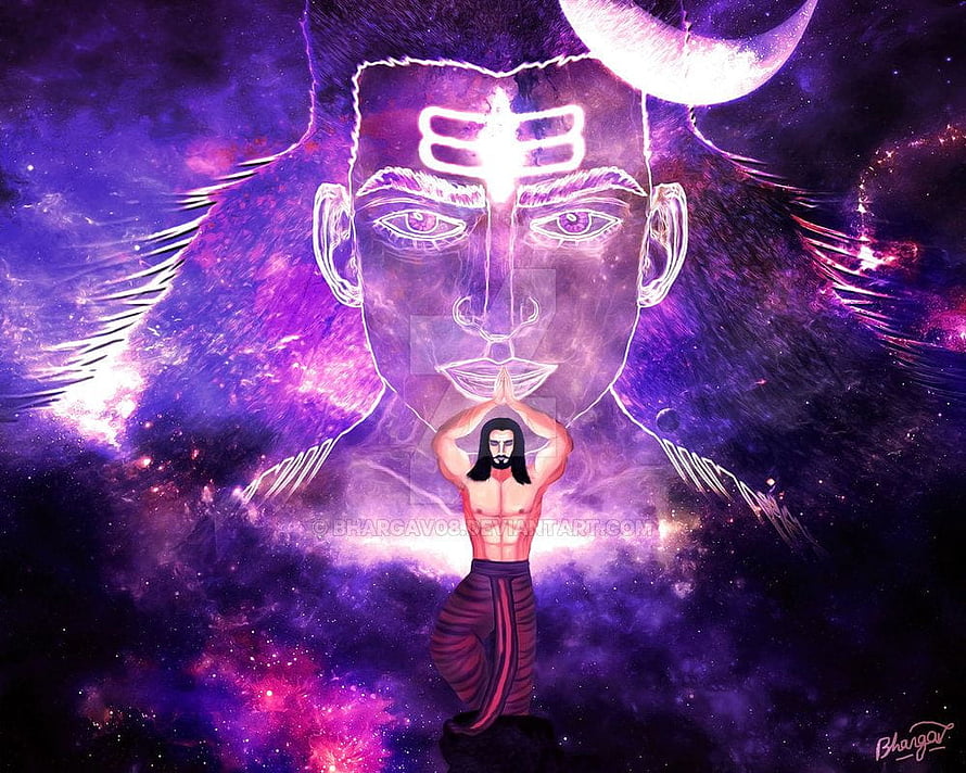 Lord Ravana in Meditation Before Cosmic Shiva Face with Crescent Moon HD wallpaper