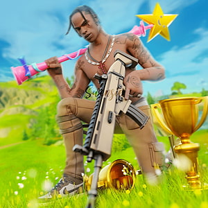 Fortnite Character Holding Pink Star Pickaxe and Assault Rifle in Grass Field HD phone wallpaper