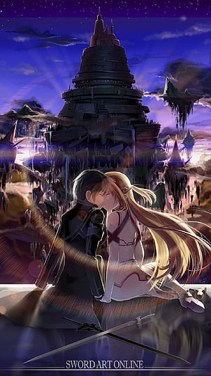 Sword Art Online Kirito and Asuna Kissing Before Aincrad Castle at Dusk HD phone wallpaper
